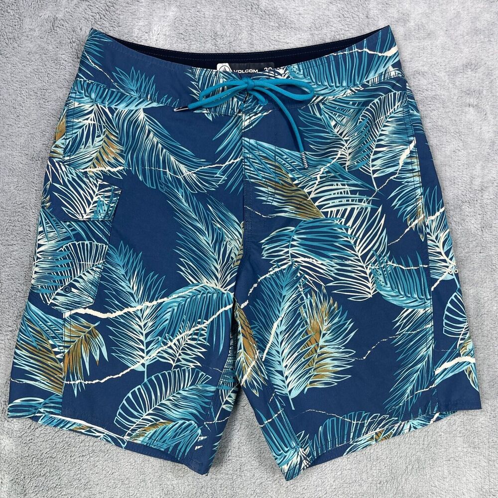 Volcom Board Shorts Men 29 Blue Palm Leaf Print Swim Trunks Tropical Surfing